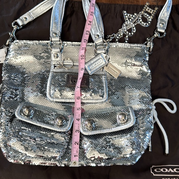 NWT Coach poppy sequins spotlight tote silver leather multi straps 11”x14”x4” - Picture 10 of 11